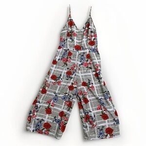 JAPNA Women's Boho Floral Jumpsuit M Black & White Checkered Pattern w Flowers‎